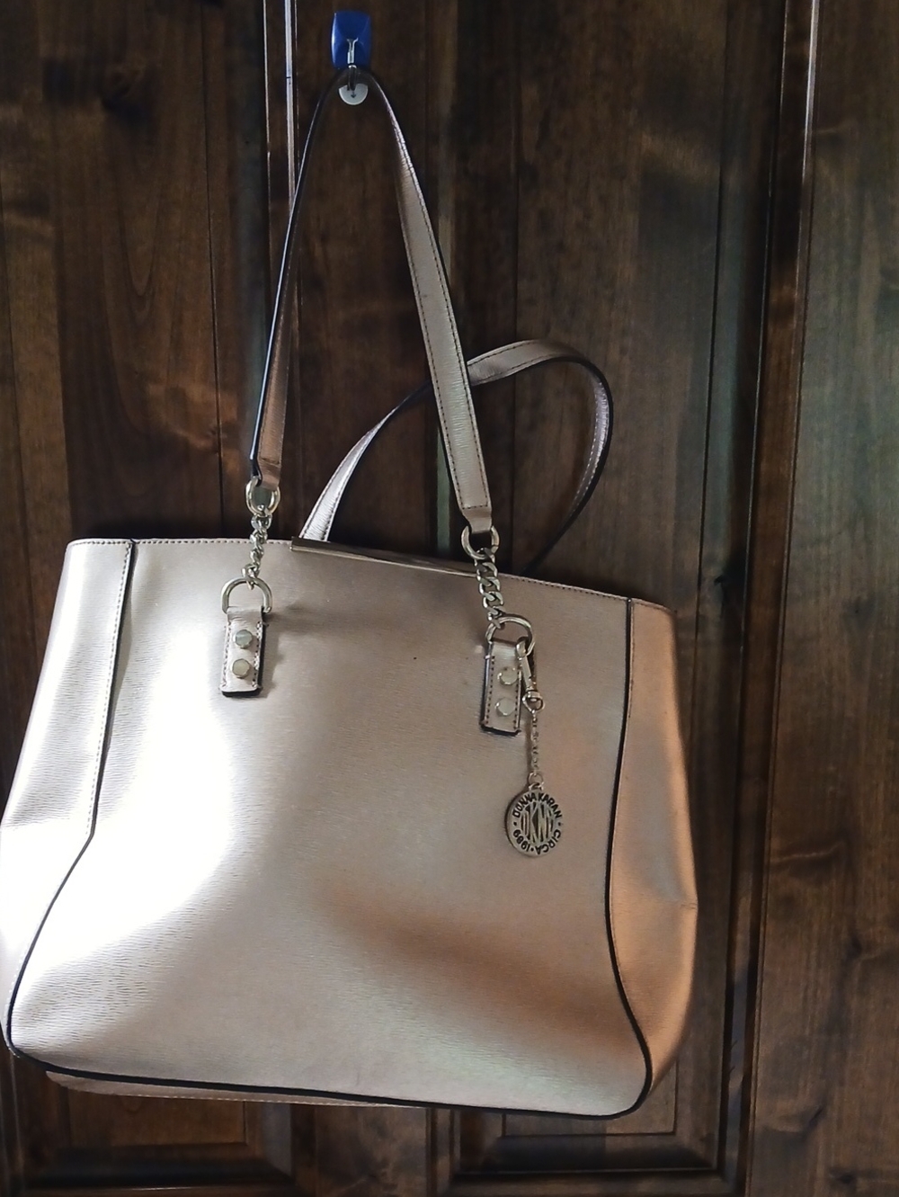 DKNY Metallic Champagne Tote with Chain Strap and Logo Charm